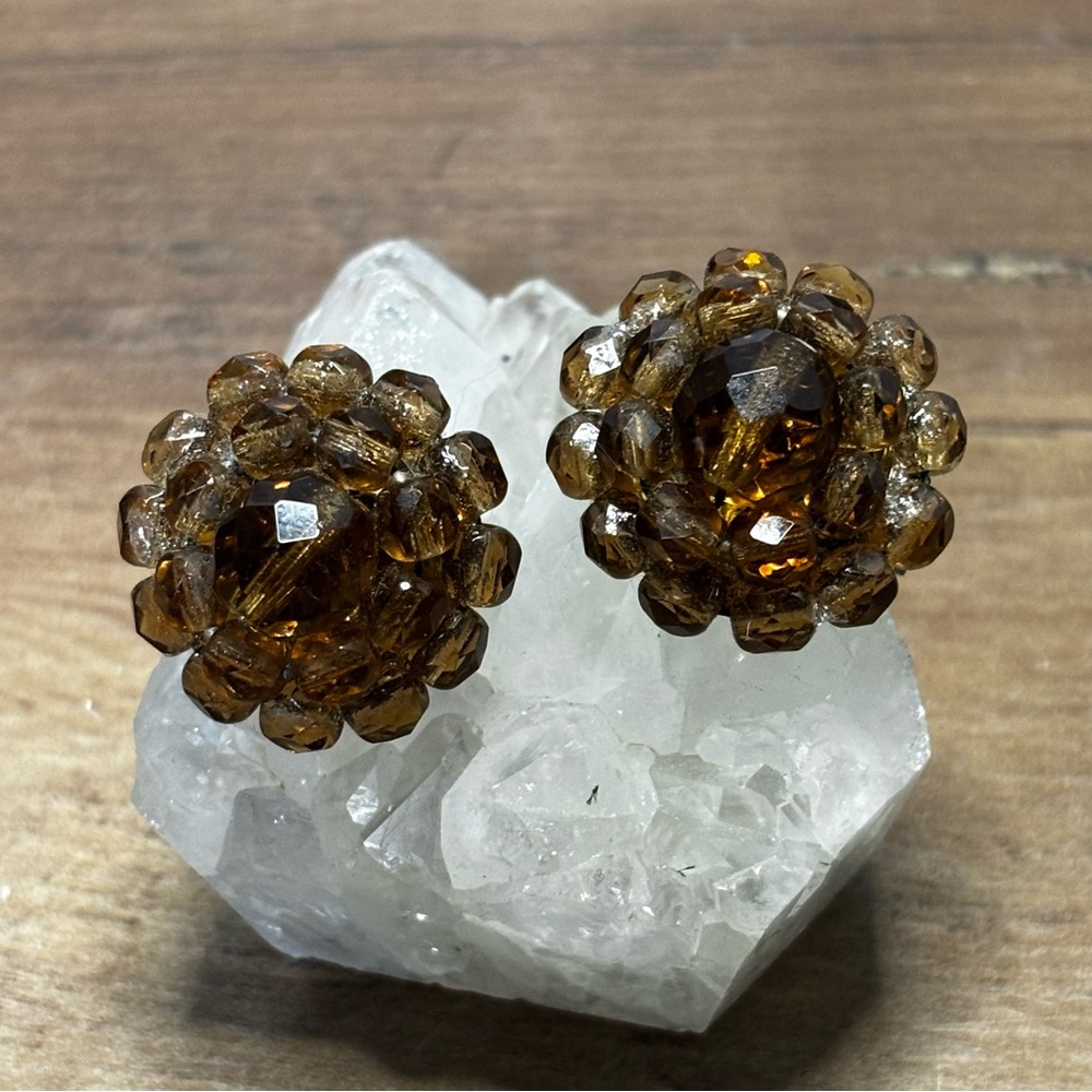 Vintage Brown Cluster Earrings, West Germany, Clip Ons